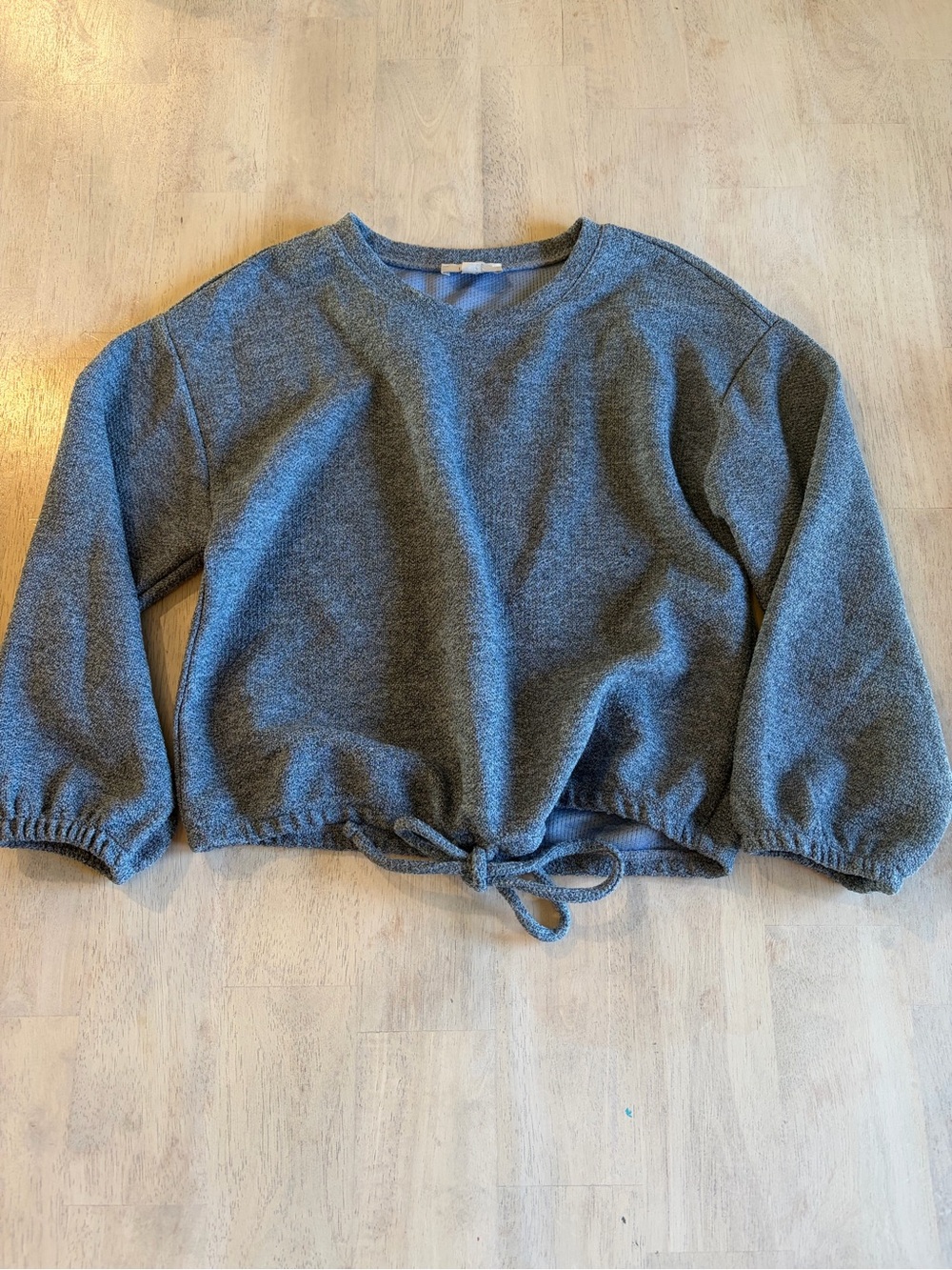 LOFT Gray Blue Tie-Hem Crewneck Sweater